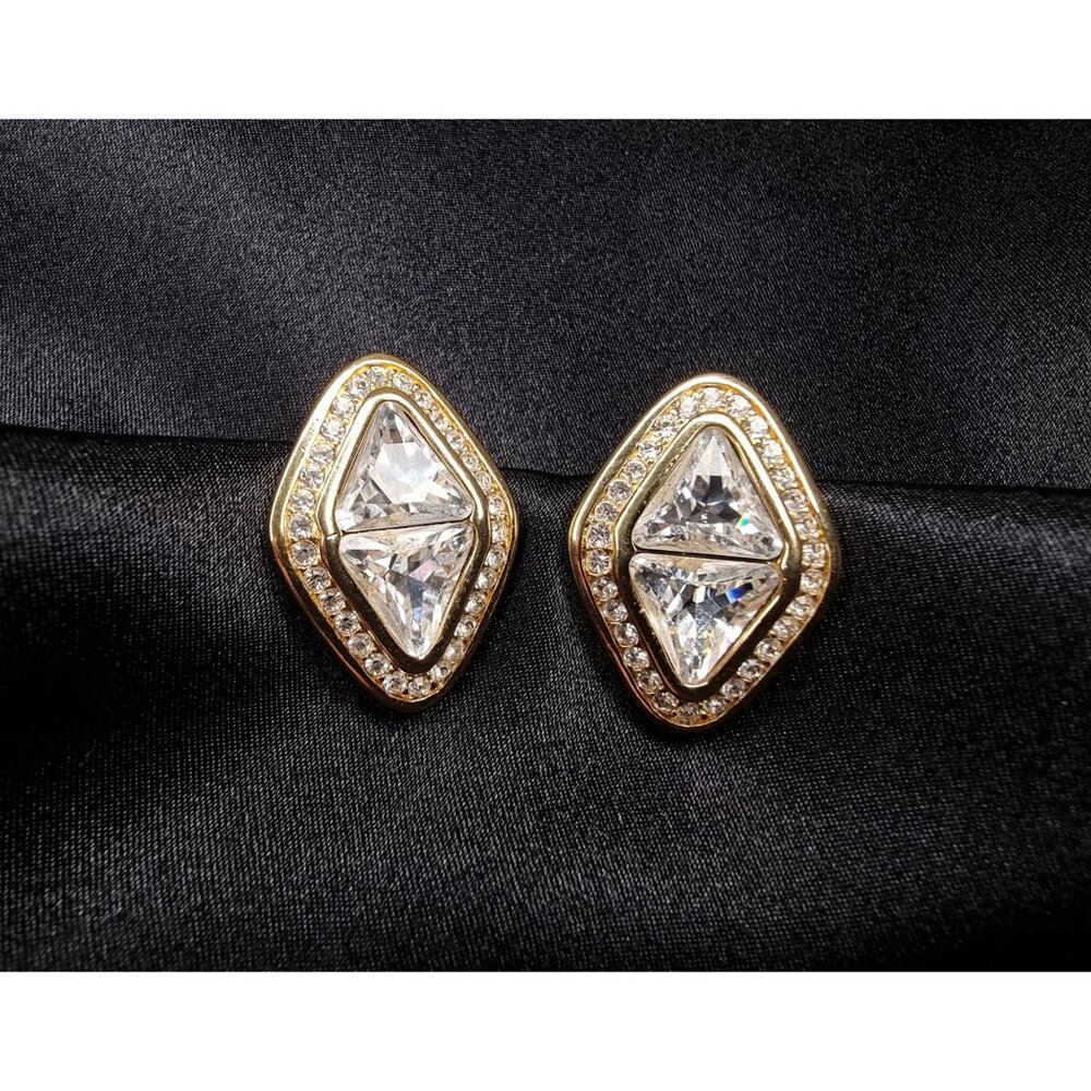 Vintage Swarovski 1980s - 1990s Clip-On Earrings With Clear Crystals & Gold-Tone - Picture 3 of 8